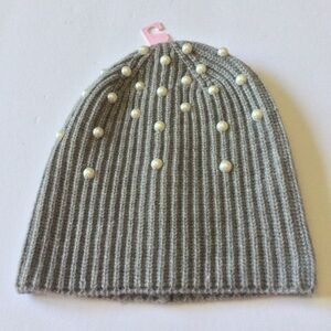 KATE SPADE ACRYLIC AND WOOL KNIT BEANIE WITH FAUX PEARLS GRAY OS NWOT